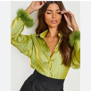 Boohoo Feather Cuff Shimmery Oversized Green Button Up Blouse NWT